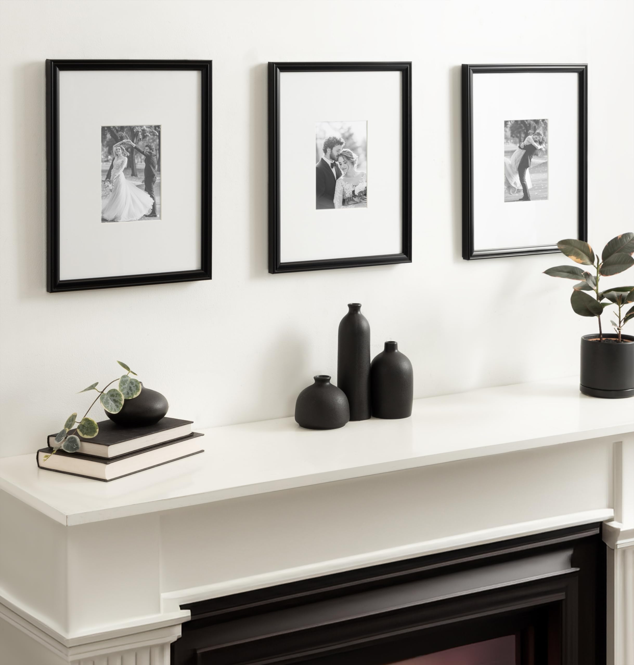 Kate And Laurel Adlynn Rectangle Picture Frame Set Of 3, 11 X 14 Matted To 5 X 7, Black, Modern Three-Piece Frame Set For Galler