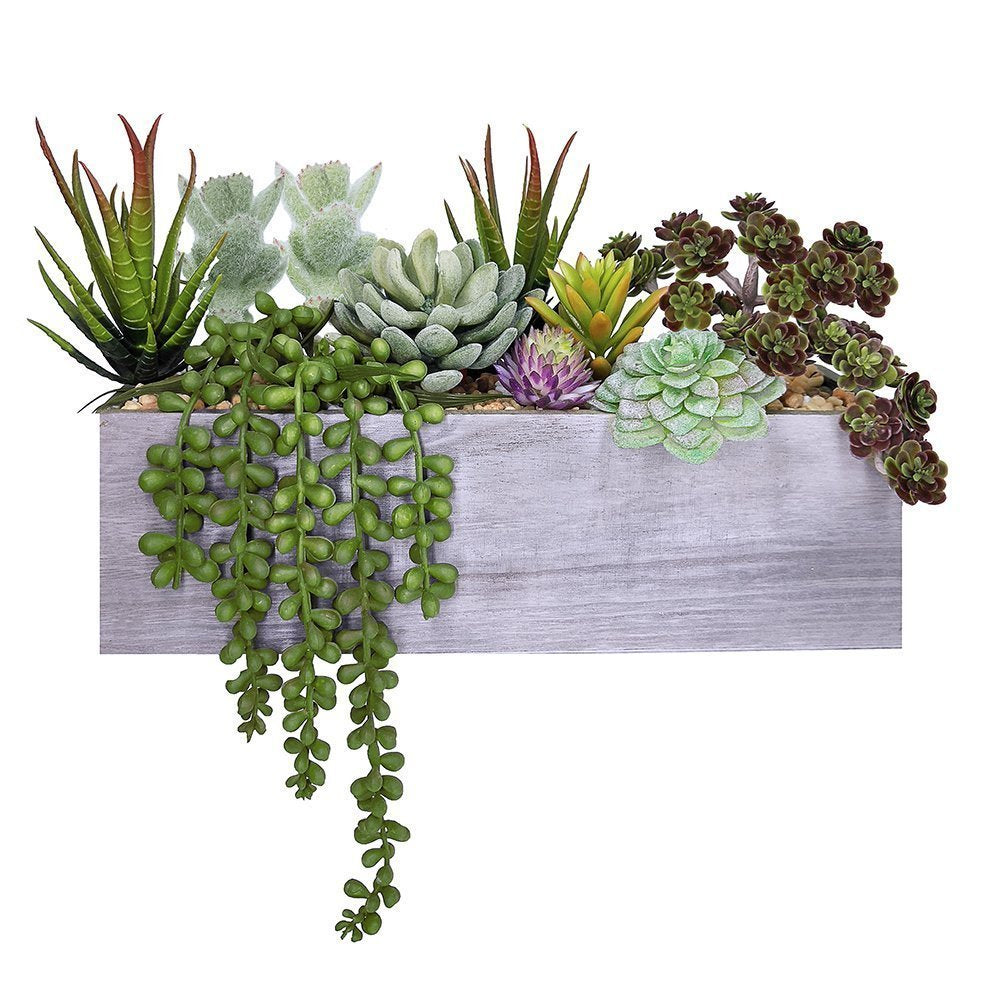 Supla Artificial Potted Succulents Plants Arrangement Fake Succulent Plants in Rectangular Wooden Pot Arrangement for Table Cent