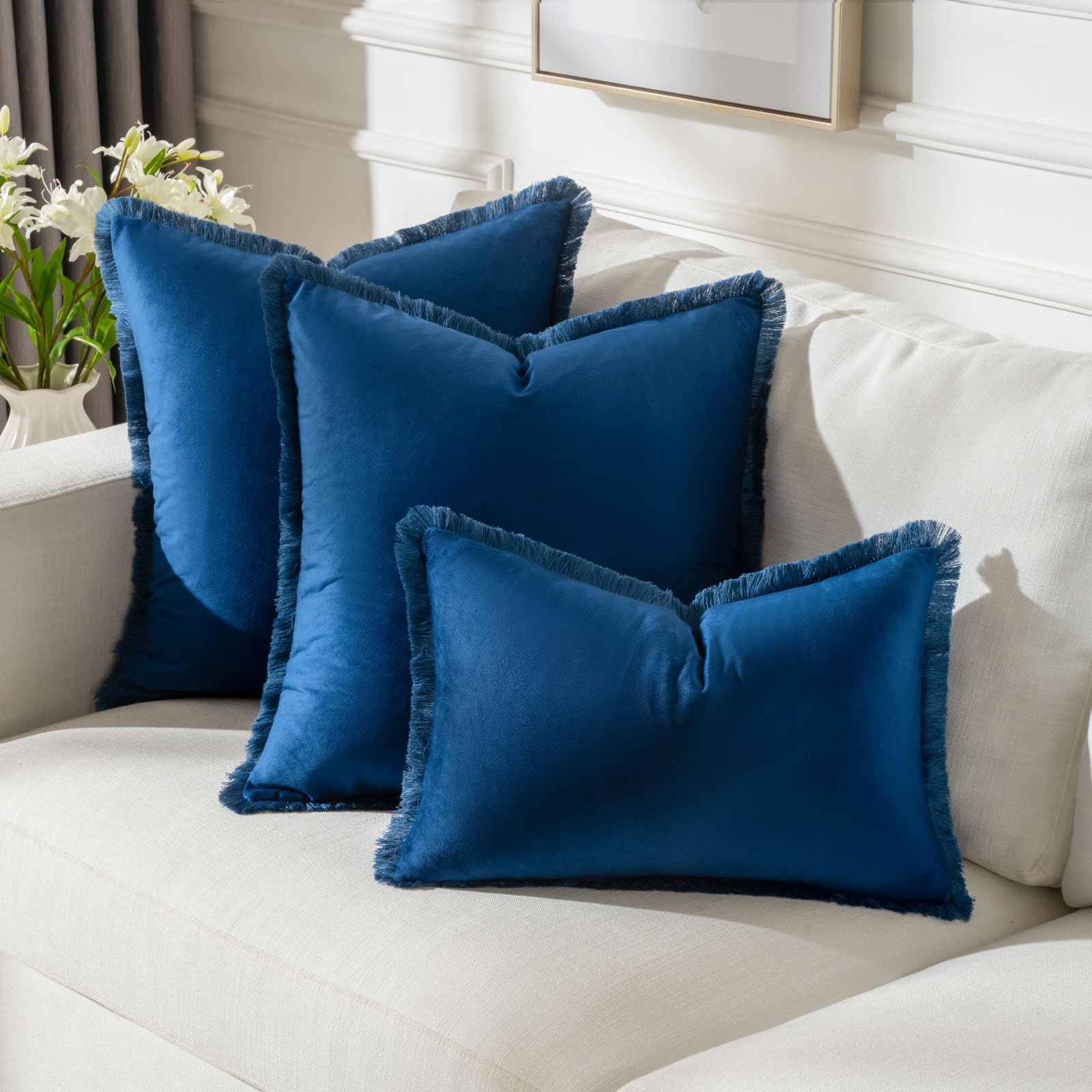 Futei Navy Blue Boho Throw Pillow Covers With Tassels 16X16 Inch Set Of 2,Soft Velvet Decorative Cushion Case,Home Decor For Cou