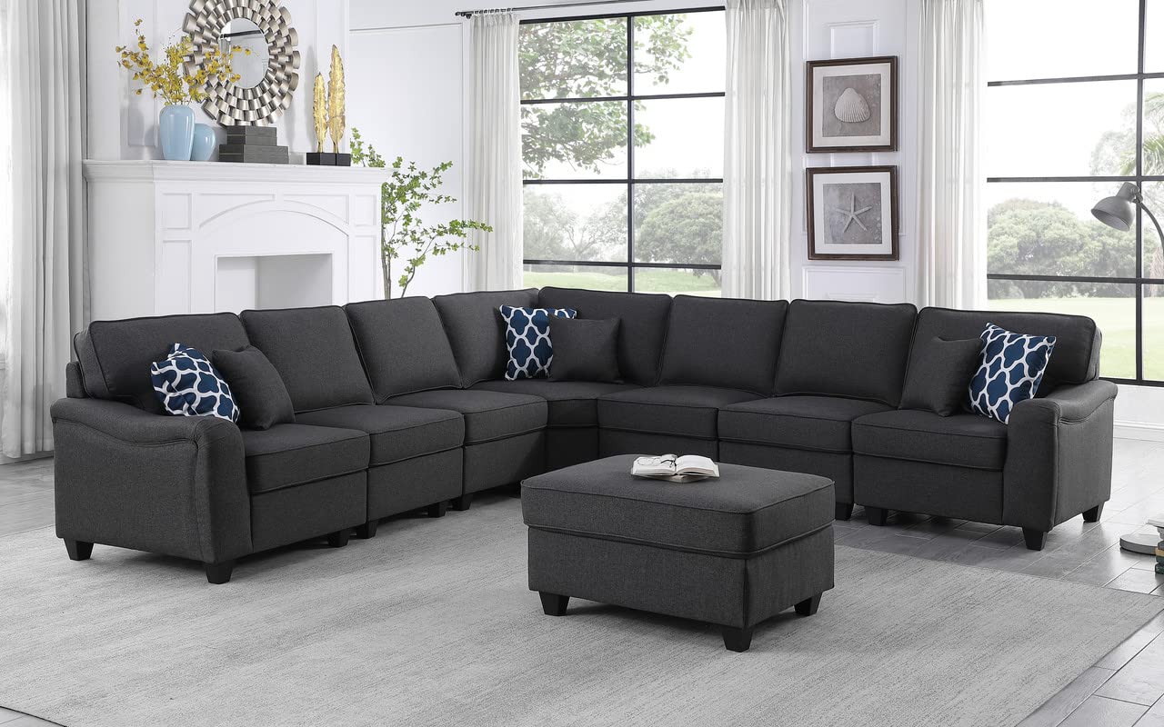 Lilola Home Leo Dark Gray Linen 8Pc Modular L-Shape Sectional Sofa and Ottoman