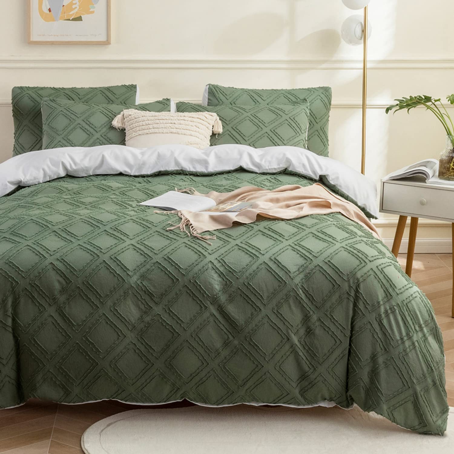 Jellymoni Reversible Green & White Duvet Cover King Size - 3Pcs Microfiber Tufted Duvet Cover, Boho Textured Duvet Cover Jacquar