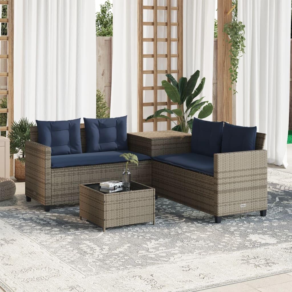 vidaXL Gray Poly Rattan Patio Sofa Set with L-Shaped Seating, Tempered Glass Table, Cushions, and Storage Bag - Perfect for Garden/Patio/Terrace