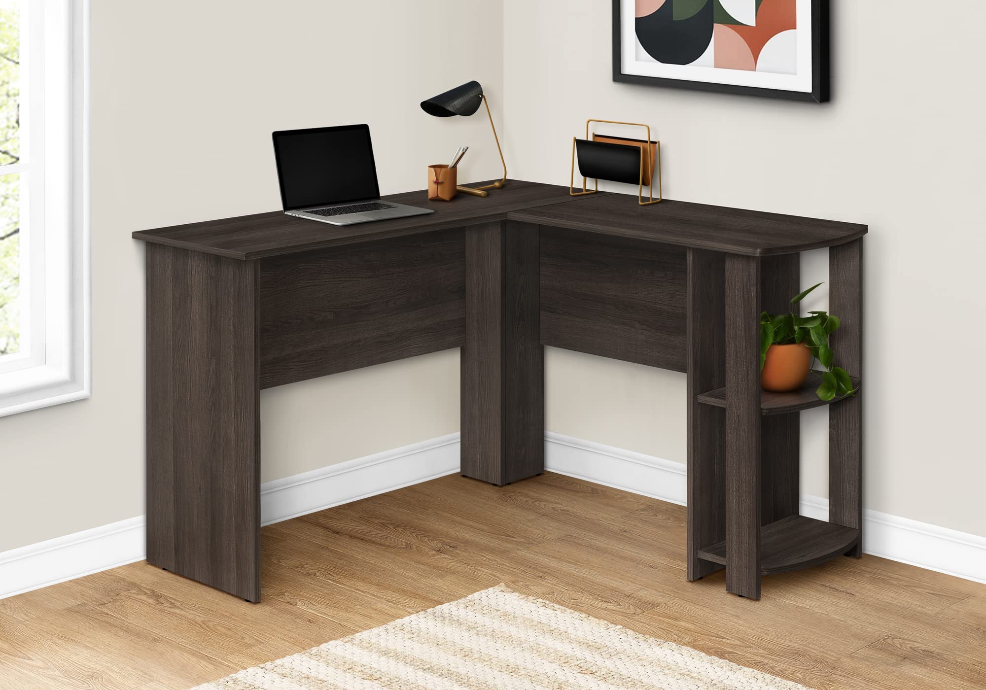 Monarch Specialties 7722, Home Office, Storage, 48&Quot;, Work, Laptop, Laminate, Contemporary, Modern Computer Desk-Brown Oak L-Shaped Corner 2 Shelves, 47&Quot; L X 47&Quot; W X 29.75&Quot; H
