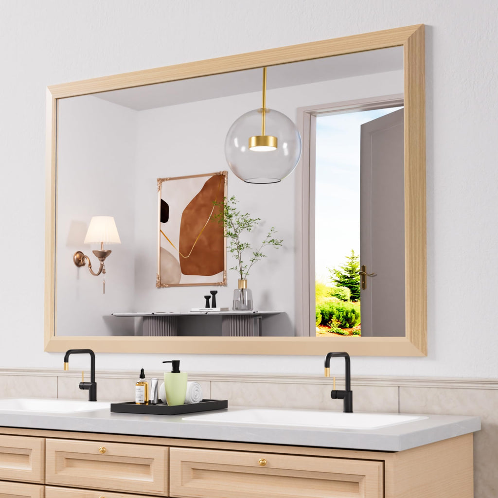 Amorho Bathroom Mirror, 60X40 Inch Wall Mirror, Oak Wood Grain Metal Framed, Anti-Rust, Hang Horizontally/Vertically, Suitable F