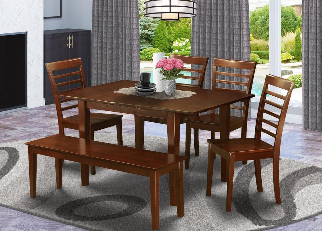 East West Furniture PSML6D-MAH-W 6 Piece Modern Dining Table Set Contains a Rectangle Wooden Table with Butterfly Leaf and 4 Dining Room Chairs with a Bench, 32x60 Inch, Mahogany