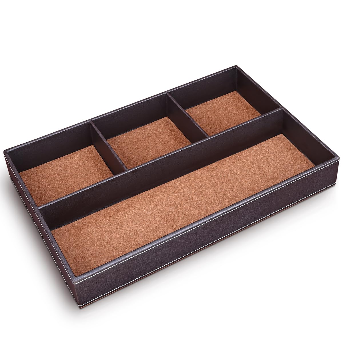 Kingfom Pu Leather Desk Organizer Tray, 4 Compartment Office Storage Supplies Stationery Drawer Tray, Nightstand Bedside Tray Fo