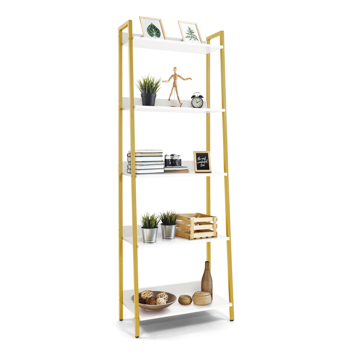 CAPHAUS 5 Tier Ladder Bookshelf, 24 Inch Width Free Standing Shelf, Bookcase Shelf Storage Rack Organizer, Industrial Book Shelv
