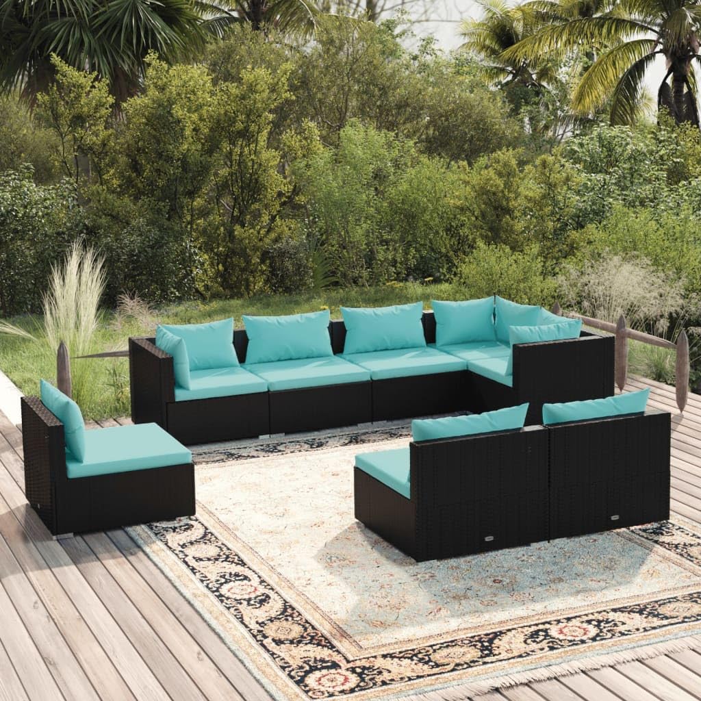 vidaXL 8-Piece Outdoor Patio Lounge Set - Weather-Resistant Poly Rattan Furniture Set, Black with Water Blue Cushions – Powder-Coated Steel Frame with Modular Design