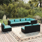 vidaXL 8-Piece Outdoor Patio Lounge Set - Weather-Resistant Poly Rattan Furniture Set, Black with Water Blue Cushions – Powder-Coated Steel Frame with Modular Design