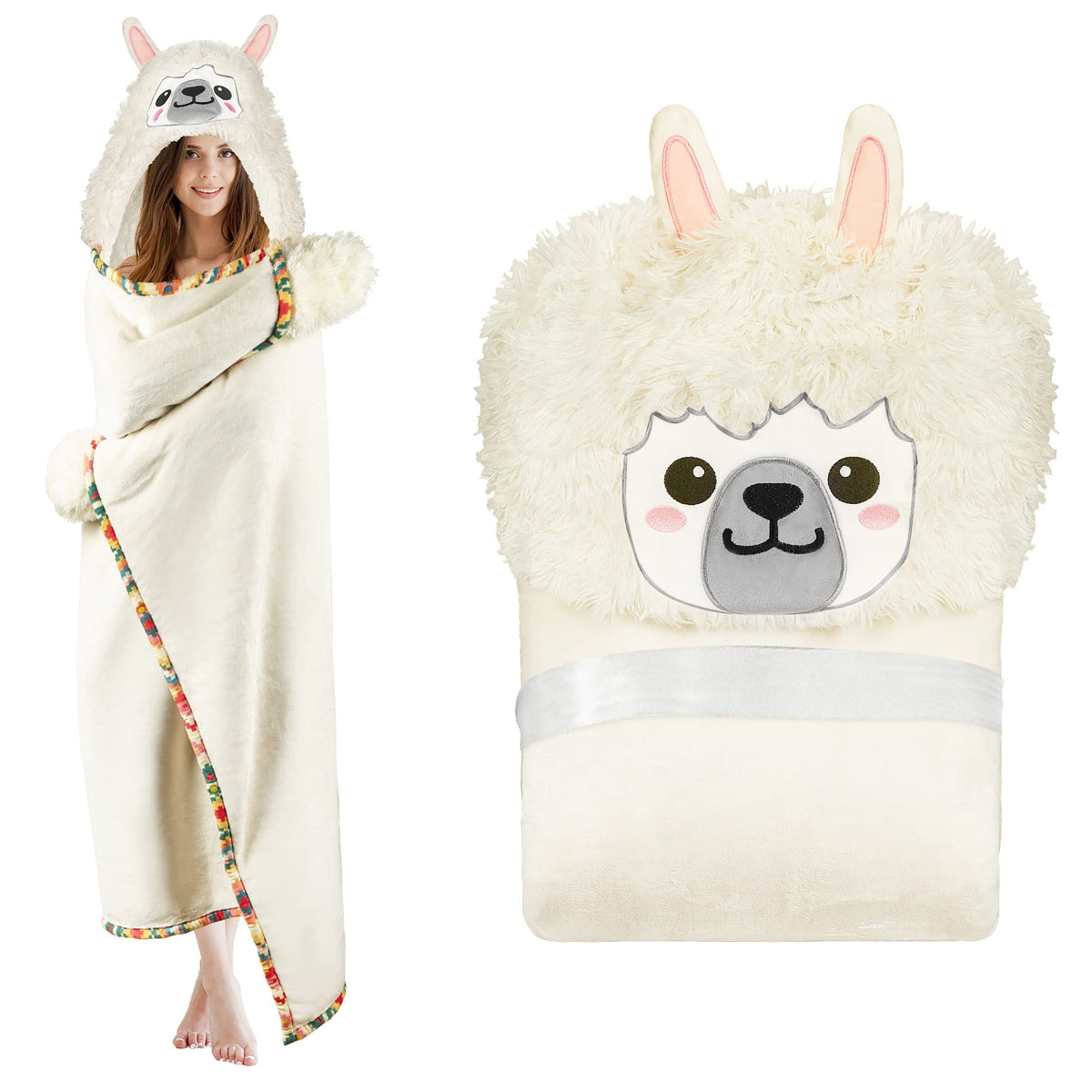 Llama Alpaca Wearable Hooded Blanket For Adults - Fuzzy Super Soft Warm Cozy Plush Flannel Fleece & Sherpa Hoodie Throw Cloak Wr