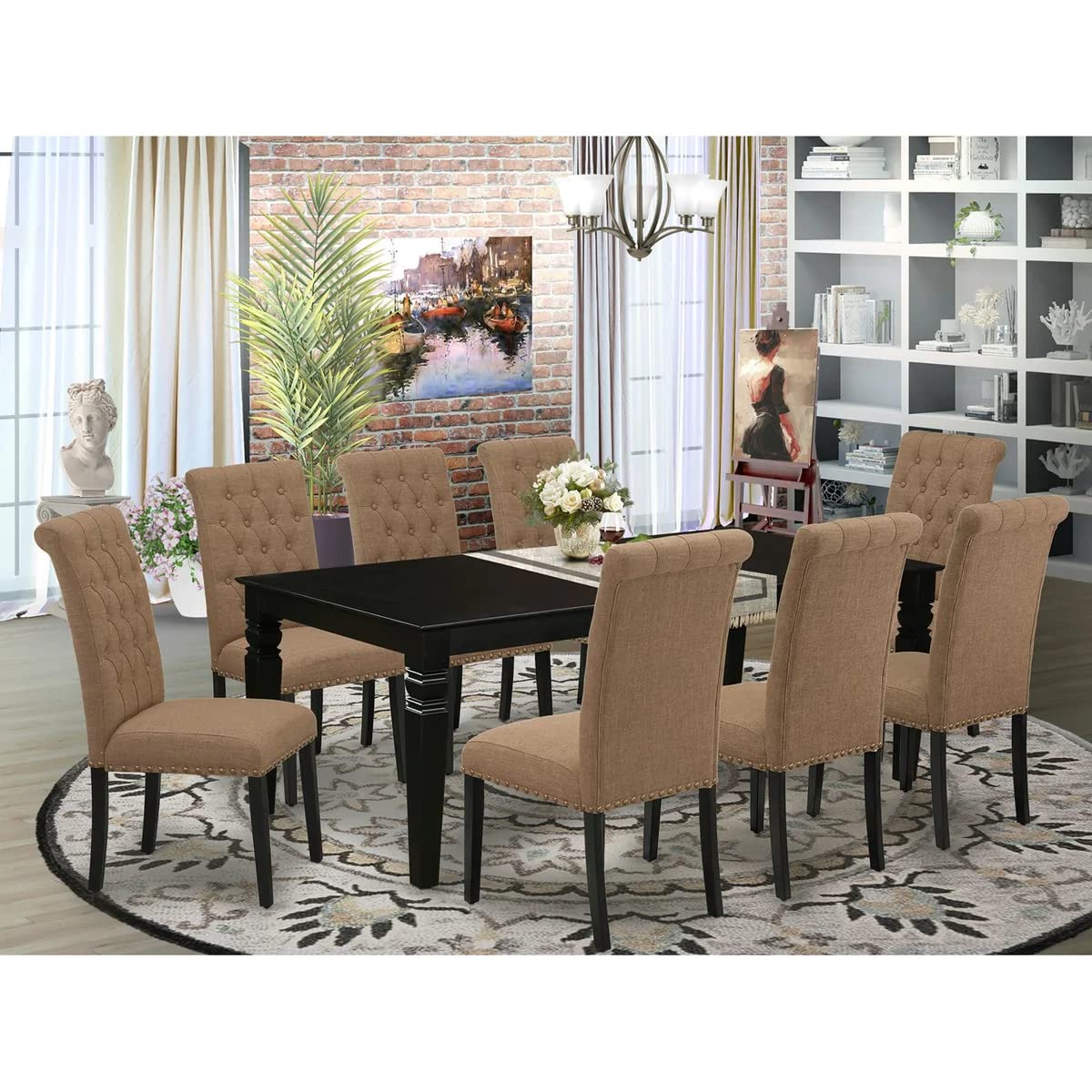 East West Furniture Lgbr9-Blk-17 9 Piece Dining Room Table Set Includes A Rectangle Butterfly Leaf Kitchen Table And 8 Light Sable Linen Fabric Upholstered Chairs, 42X84 Inch, Black