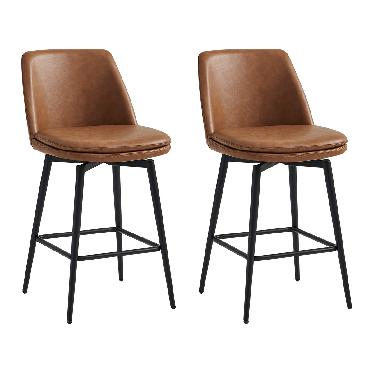 Chita Counter Height Swivel Barstools, Fsc Certified Upholstered Faux Leather Bar Stools Set Of 2, Metal Base, 27.2' Seat Height, Saddle Brown