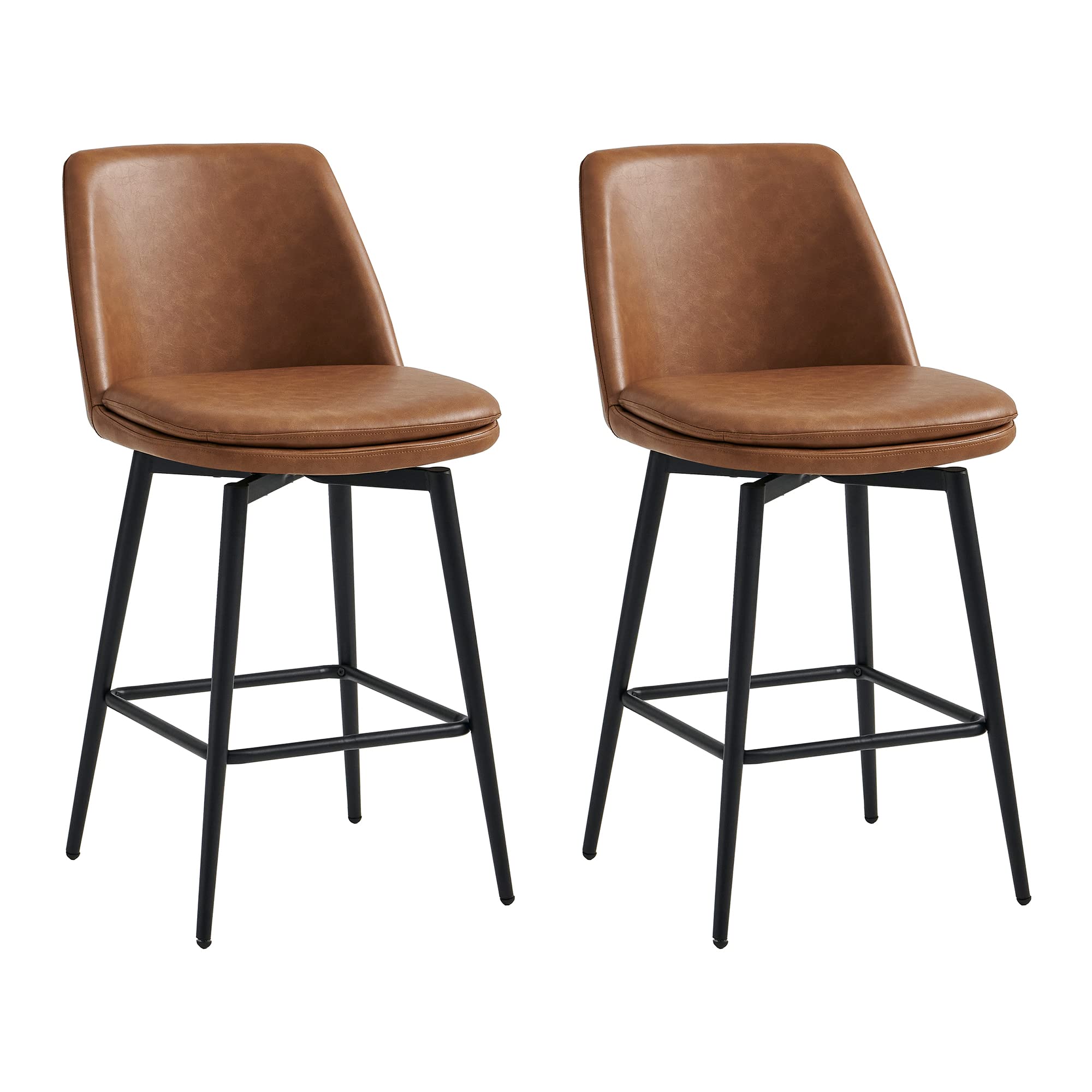 Chita Counter Height Swivel Barstools, Fsc Certified Upholstered Faux Leather Bar Stools Set Of 2, Metal Base, 27.2' Seat Height, Saddle Brown