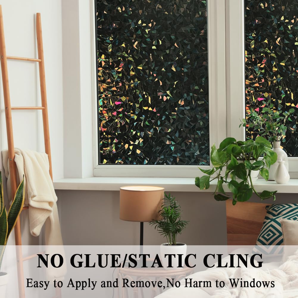 100% Light Blocking Blackout 3D Prism Privacy Window Film Room Darkening Glass Door Tint,Rainbow Effect Static Cling Heat Contro