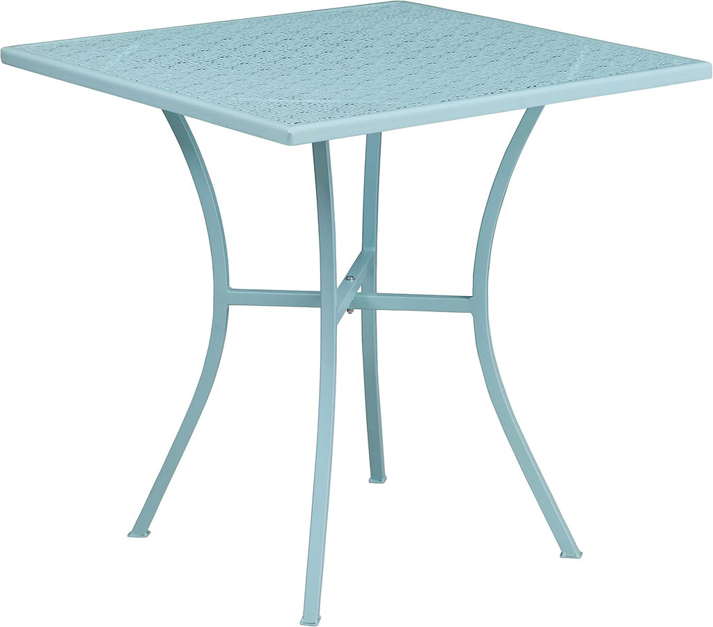 Commercial Grade 35.25 Round Sky Blue Indoor-Outdoor Steel Patio Table Set with 2 Square Back Chairs