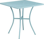 Commercial Grade 35.25 Round Sky Blue Indoor-Outdoor Steel Patio Table Set with 2 Square Back Chairs