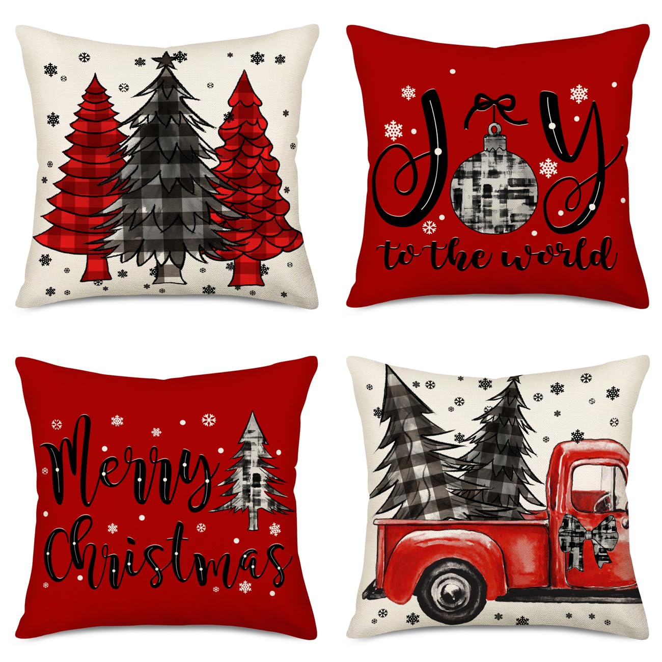 Fukeen Merry Christmas Pillow Covers 20X20 Inch Set Of 4 Red Black Buffalo Plaid Farmhouse Truck Christmas Tree Decorations Thro