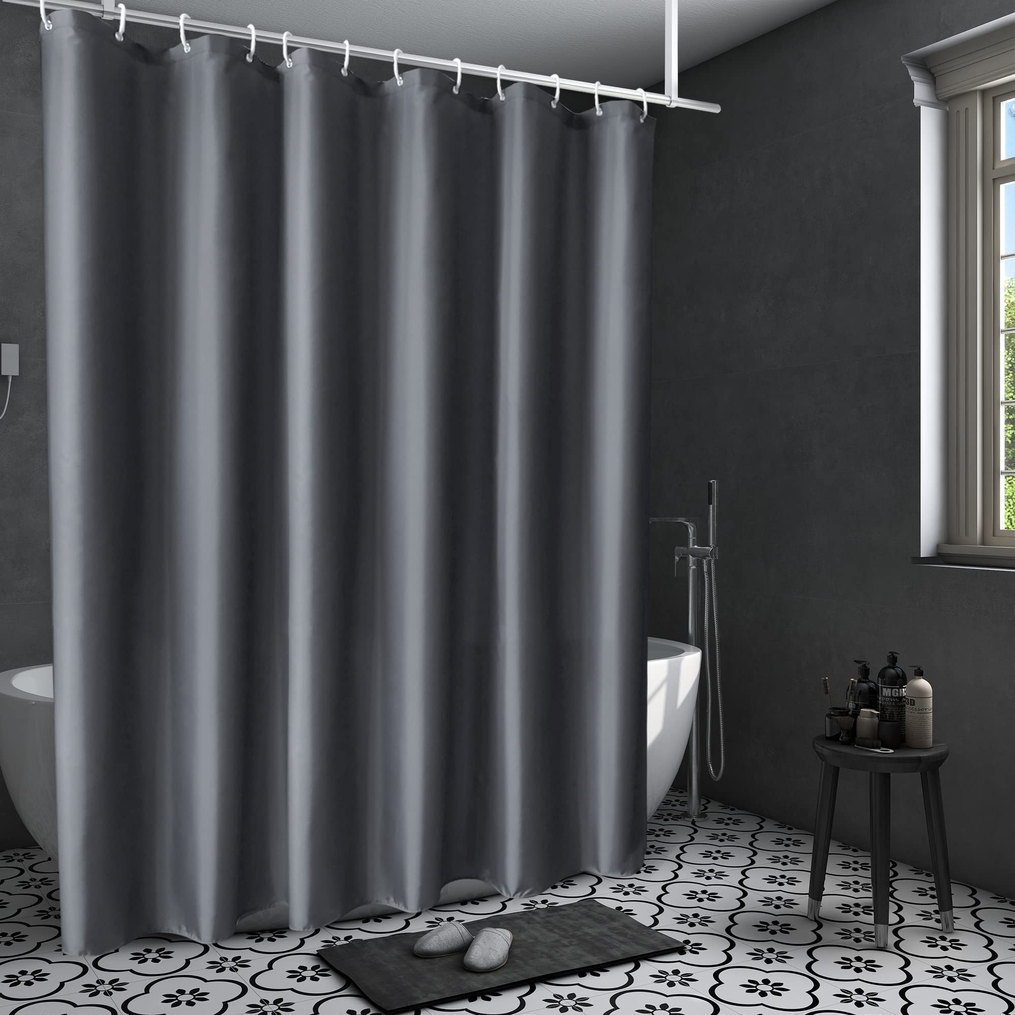 AooHome Extra Long Shower Curtain 72 Width x 84 Height Inch, Solid Fabric Shower Curtain Liner for Hotel, Waterproof, Dark Grey