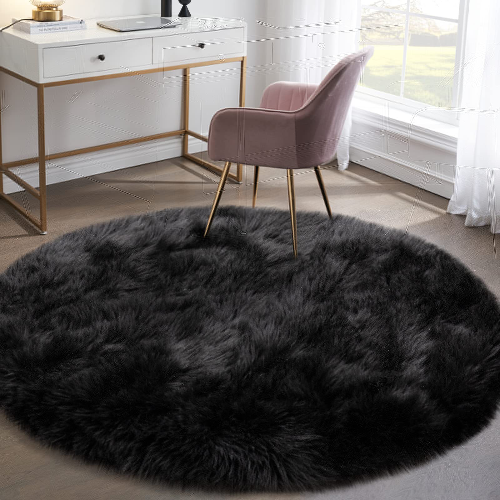 Faux Fur Rug For Bedroom, Black Fluffy Round Rug For Kids Room, Small Furry Circle Rugs 3X3, Soft Shag Circular Rug For Nursery,