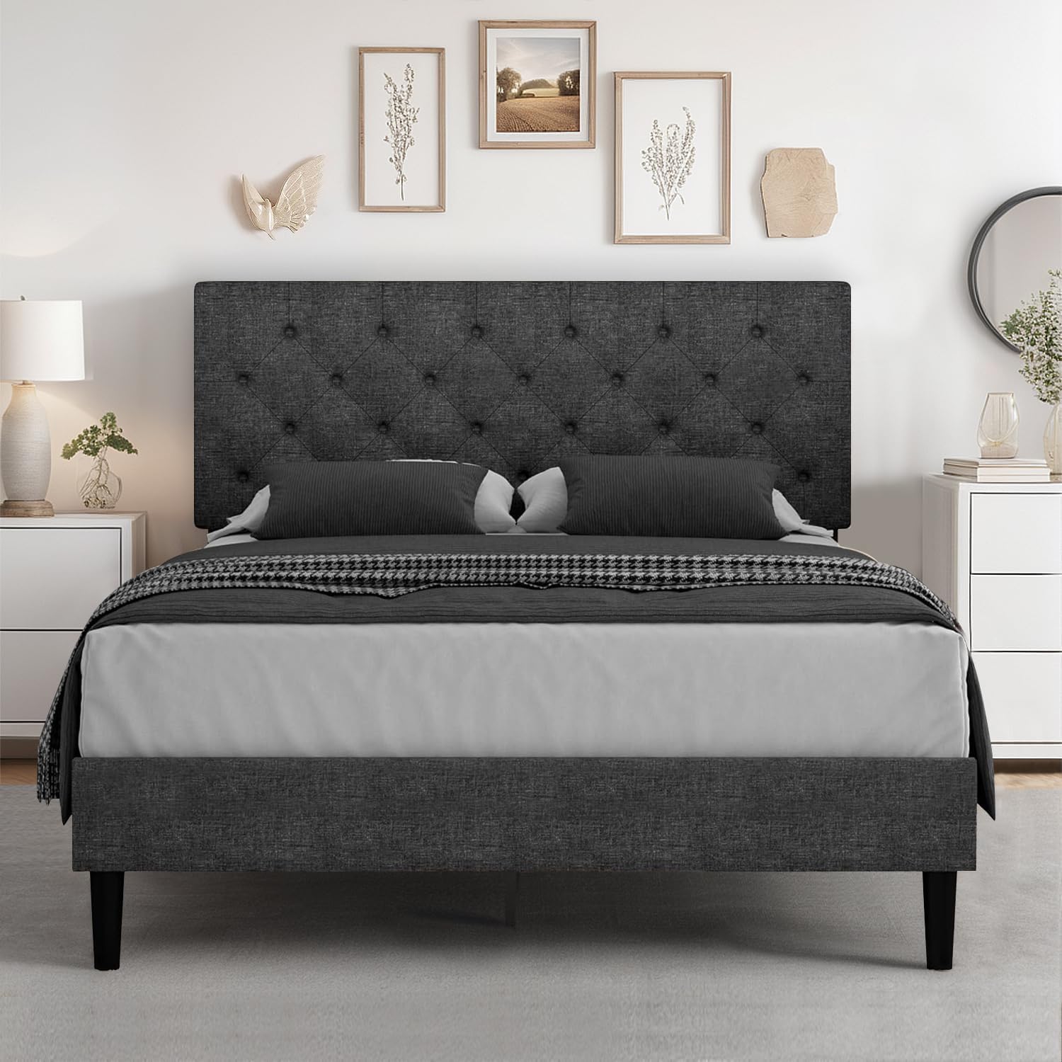 Hombck Full Size Bed Frame With Headboard, Linen Fabric Upholstered Bed, Grey Bed Frame With Wood Slats, Button Tufted, No Box Spring Needed, Black