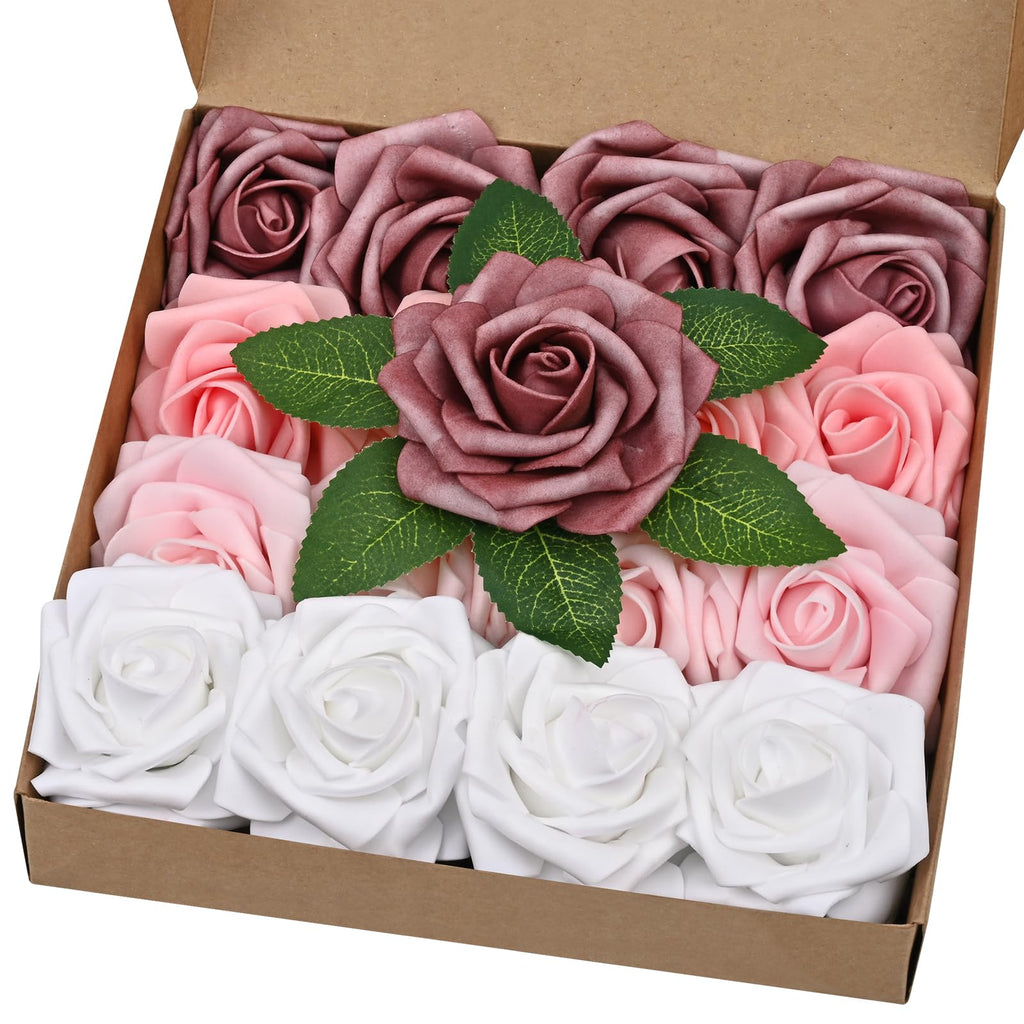 BLEUM CADE 16Pcs Artificial Flowers Fake Roses with Stems, Gradient Dusty Rose Boxed Foam Roses for DIY Bouquets Centerpieces We