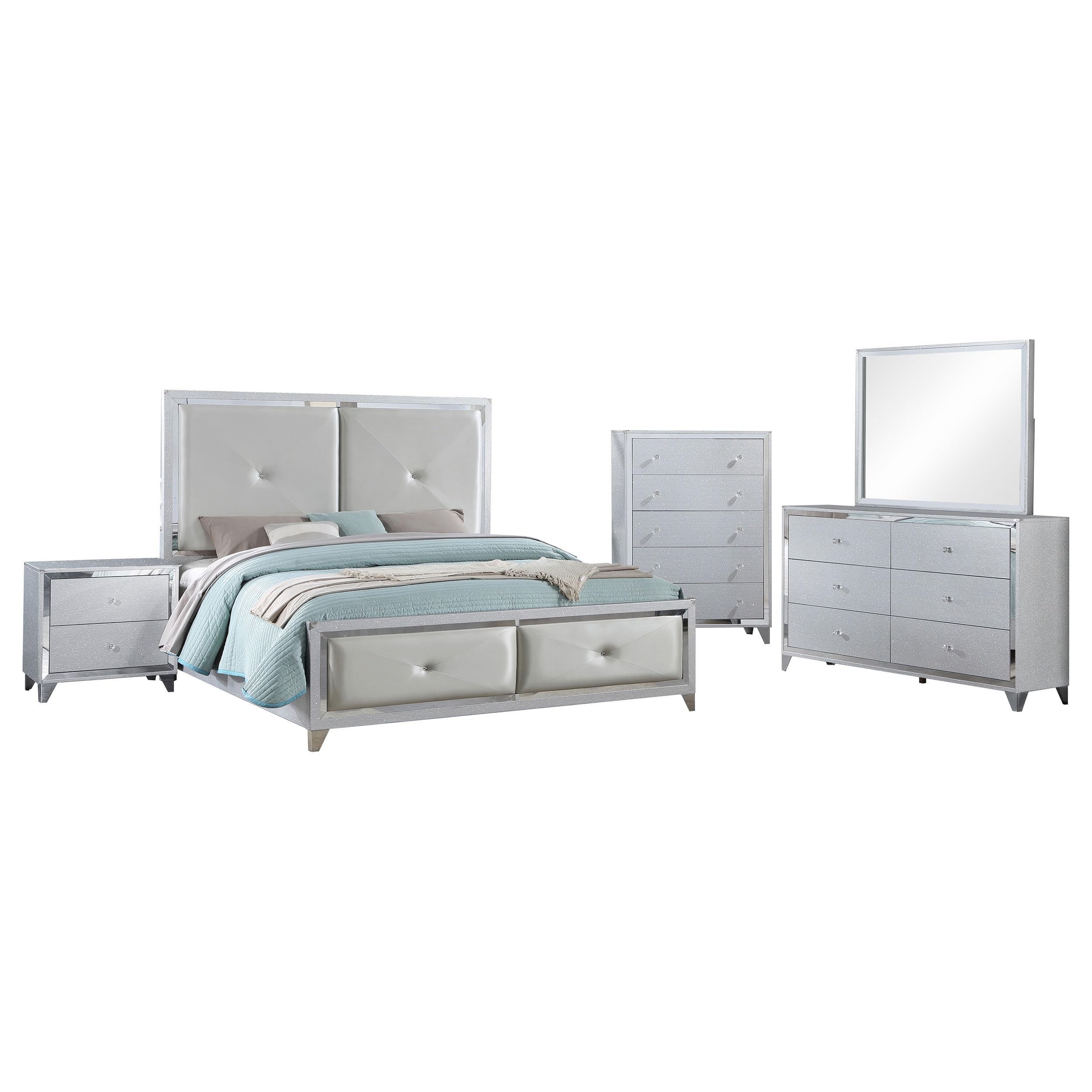 Coaster Home Furnishings Larue Contemporary 5-Piece Bedroom Set Leatherette Upholstered Eastern King Size Panel Bed Frame 63-Inch Headboard Silver 224491Ke-S5