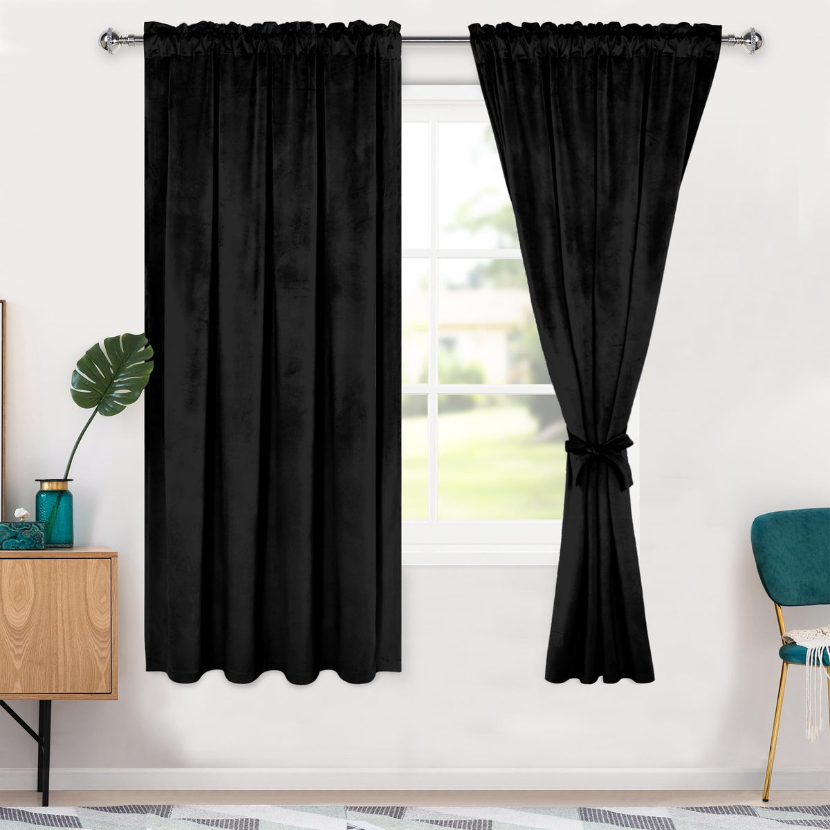 Hiasan Black Velvet Curtains 72 Inches-Blackout Thermal Insulated Solid Soft Curtains For Bedroom Living Room Rod Pocket Room Da