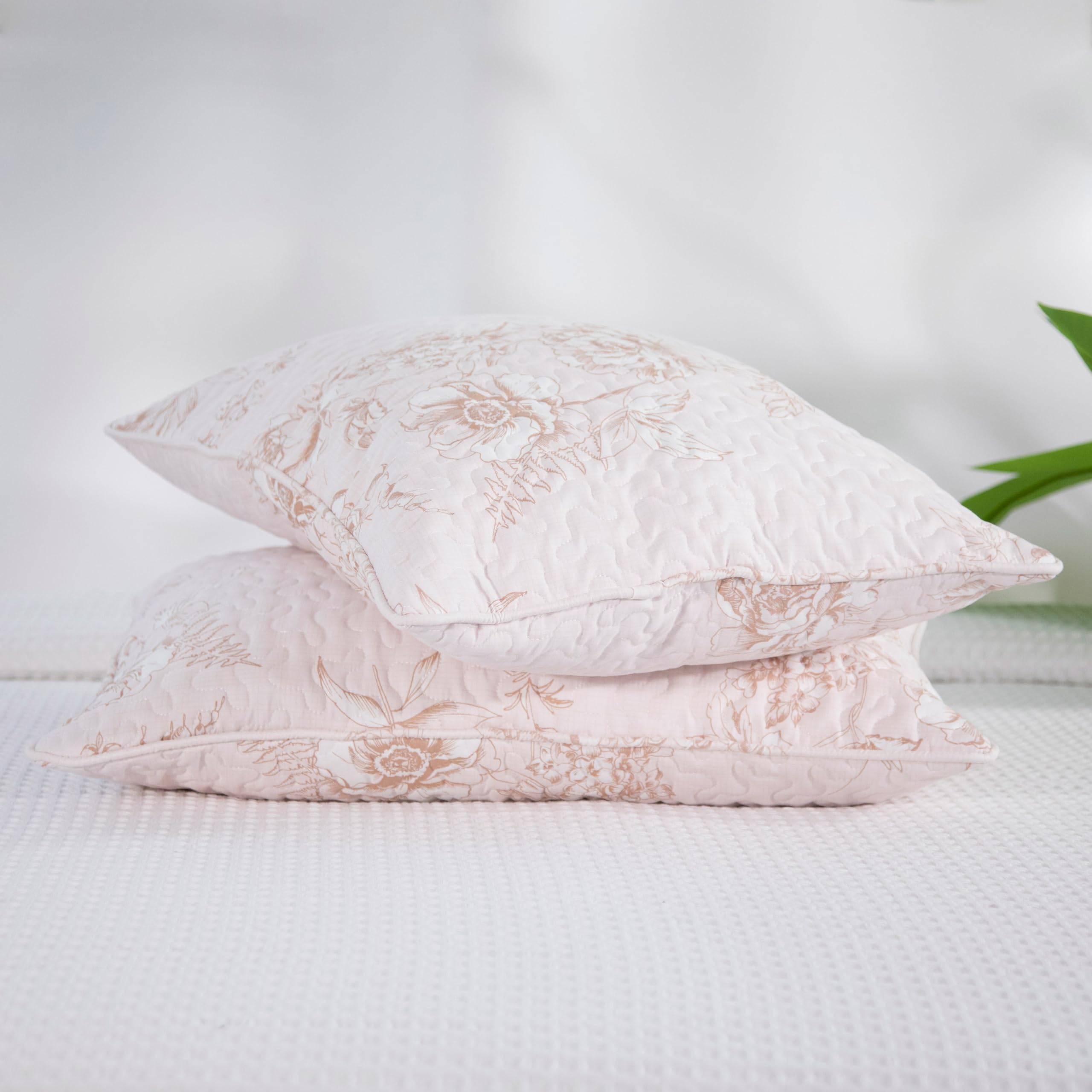 Southshore Fine Living, Inc. Floral Taupe & White Pillow Covers Standard Size 20'X26', Quilted Pillow Shams Queen Size Set Of