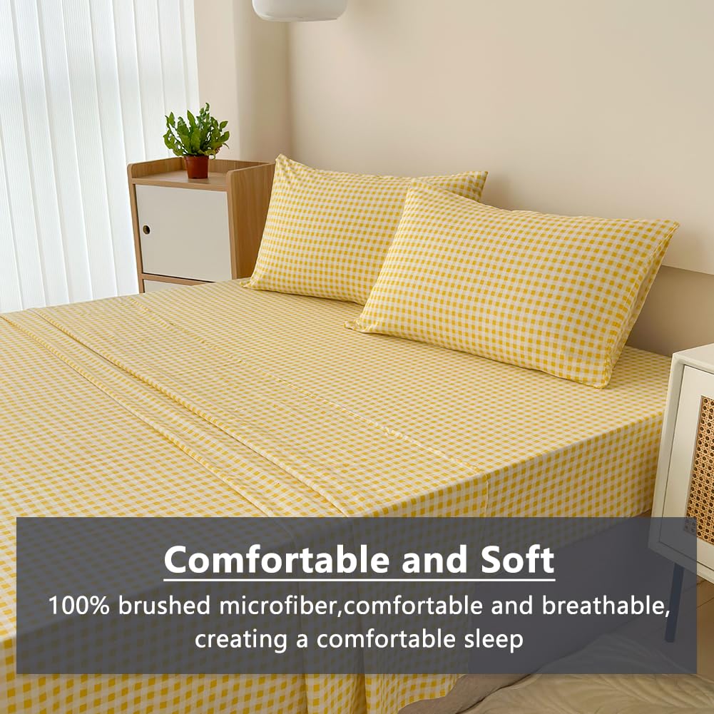 Nsnlgsgc Yellow Gingham Twin Sheet Set, Soft Brushed Microfiber Yellow Plaid Twin Bed Sheets, 3-Pieces Sheet Set With Deep Pocke