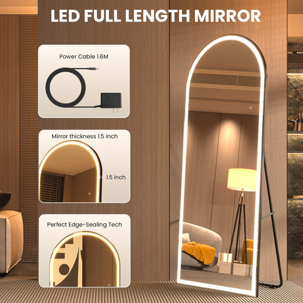 Pertetey 83X36 Inch Led Arched Full Length Mirror With Lights, Black Frame Lighted Floor Mirror, Dimmable & 3 Color Modes Led Fu