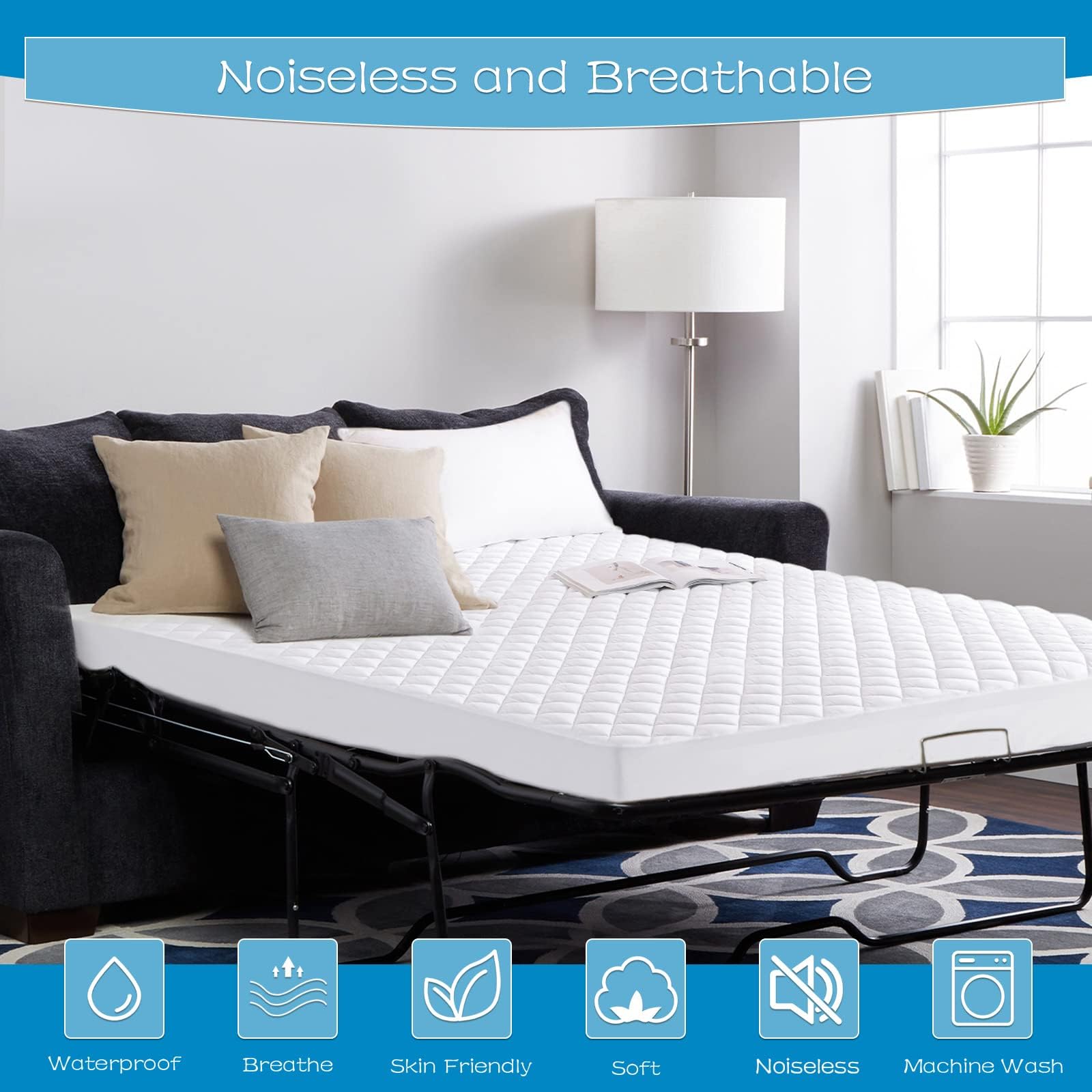 Grt Waterproof Sofa Bed Mattress Pad - 100% Waterproof Queen Sleeper Sofa Mattress Protector Quilted, Machine Washable Breathabl