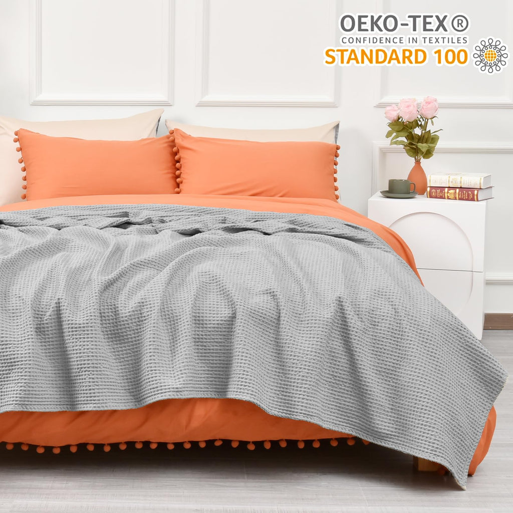 Phf 100% Cotton Waffle Weave Blanket Twin Size 66'X90' -Lightweight Washed Soft Breathable Blanket For All Season-Perfect Blanket Layer For Couch Bed Sofa - Light Grey