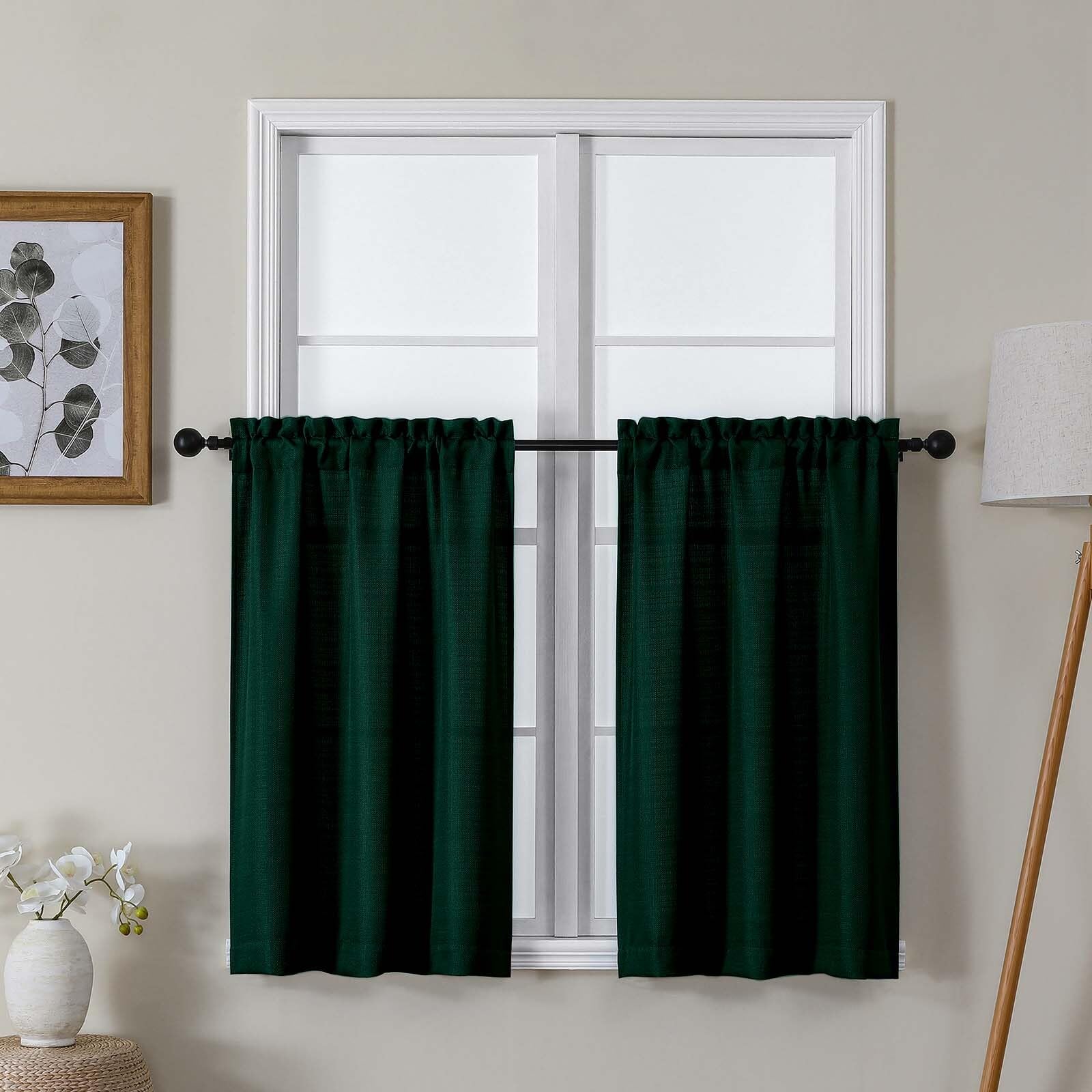 Lecloud Bessie Hunter Green Kitchen Curtains 36 Inch Length 2 Panels, Classic Faux Linen Cafe Short Curtains, Rustic Airy Tiers 