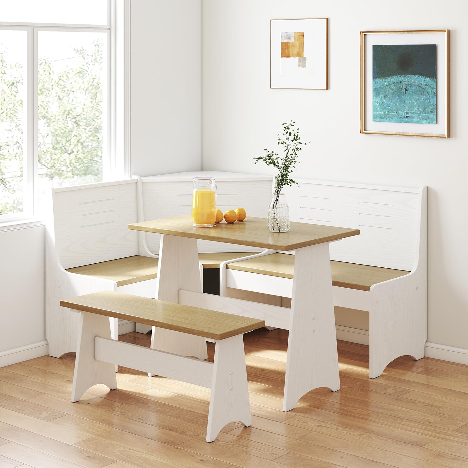 Koby Home Breakfast Nook Kitchen Corner Dining Table Bench Chair Set, Space-Saving 3-4 Seat L-Shape For Family Home White Light