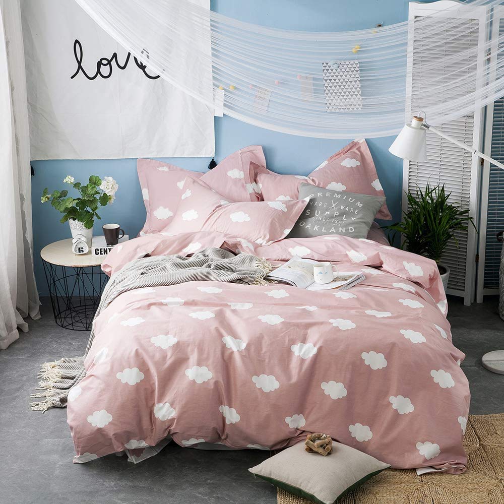 Bulutu Cloud Print Kids Duvet Cover Twin Pink White Microfiber For Girls,Stylish Super Soft Premium Cute Modern Reversible Pink