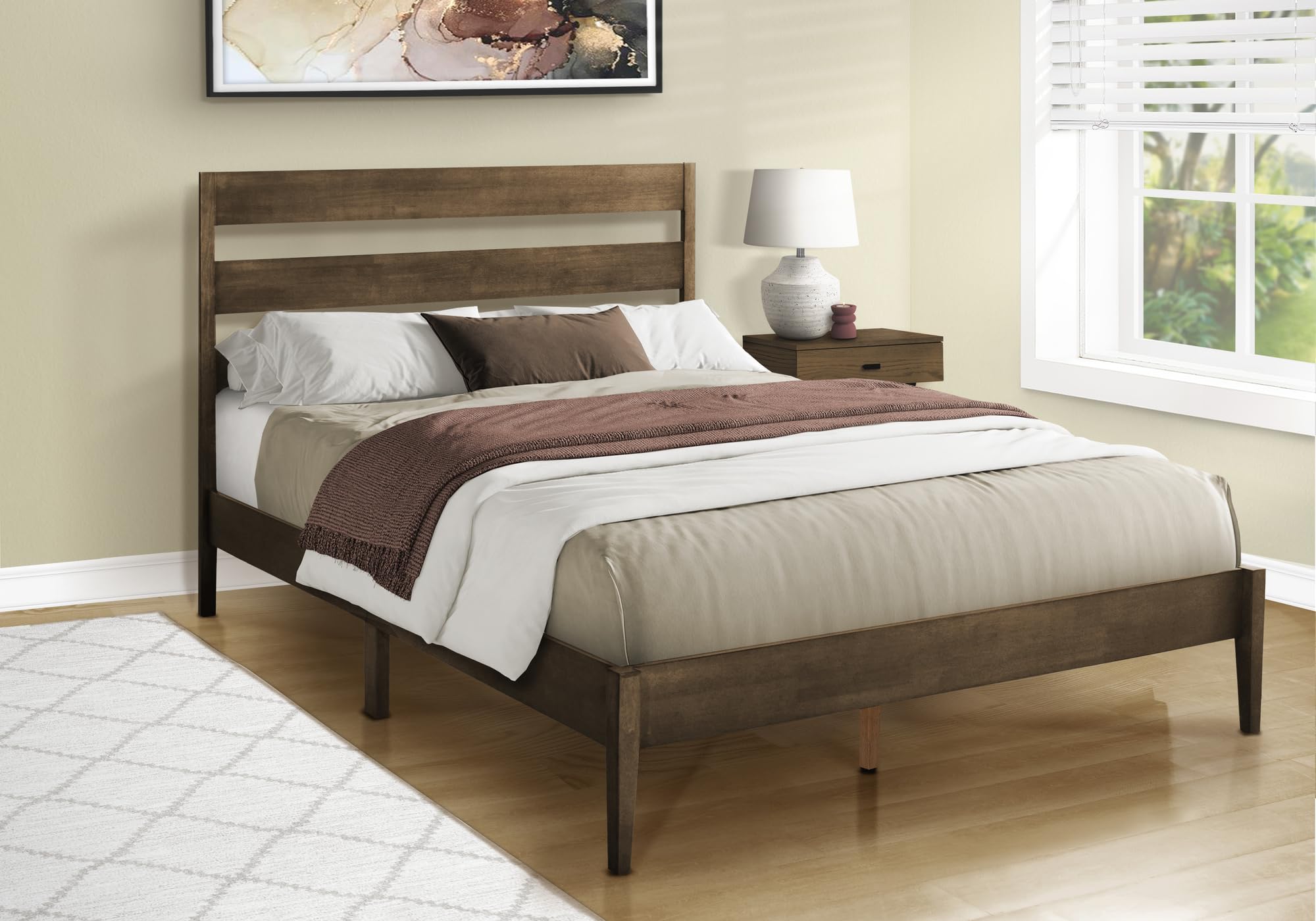 Monarch Specialties I 6066Q Bed, Queen Size, Frame Only, Platform Bed, Bedroom, Walnut Solid Wood Legs, Walnut Wood Frame, Contemporary, Modern