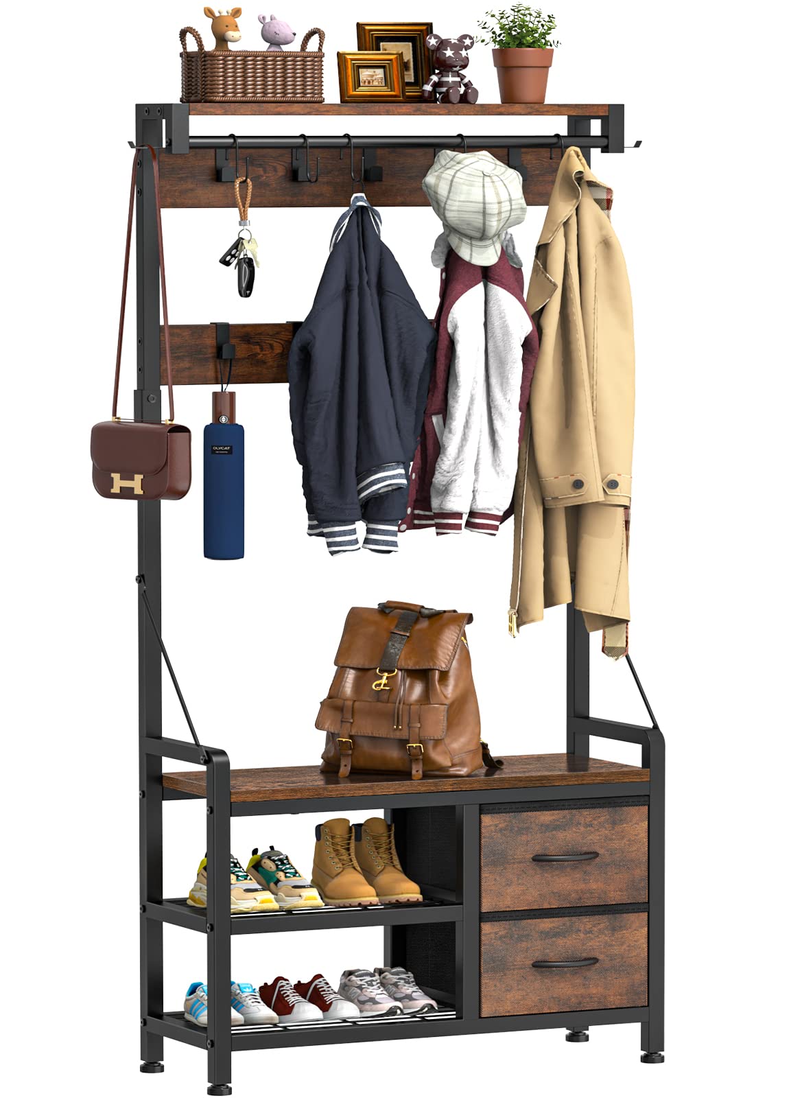 Lulive Hall Tree, 31.5” Entryway Bench With Coat Rack Freestanding, 5 In 1 Intelligent Design Shoe Bench And Wall Rack 17 Hooks And Drawers (Rustic Brown)