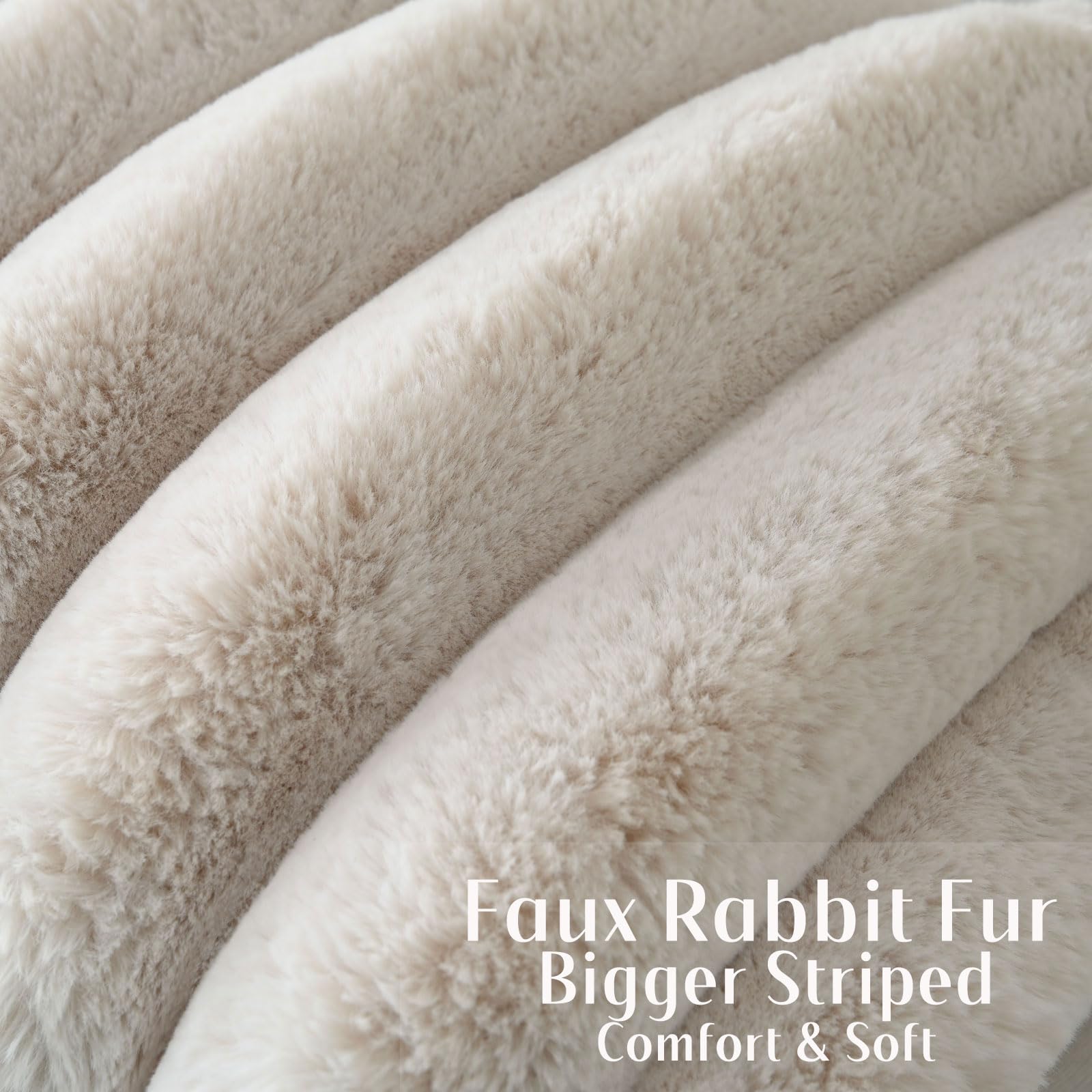Futei Beige Decorative Throw Pillow Covers 12X20 Inch Set Of 2, Square Soft Faux Rabbit Fur Big Striped Cushion Cover,Home Decor