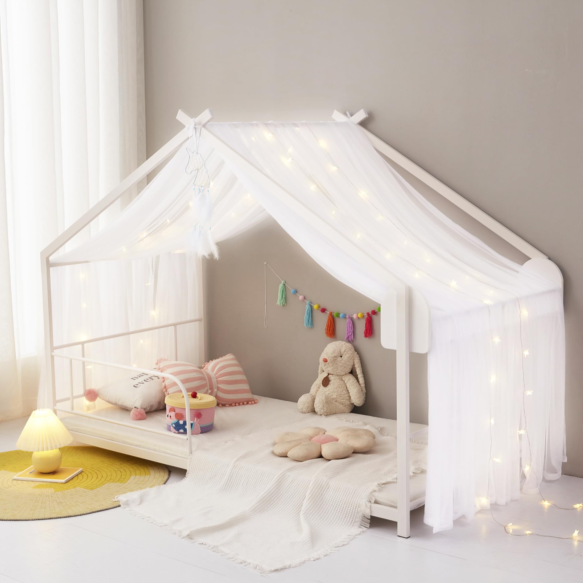 Mengersi Bed Canopy House Canopy Bed Curtains with Lights for Girls Boys,Voile Sheer Window Scarf,Fit for House Metal Floor Twin
