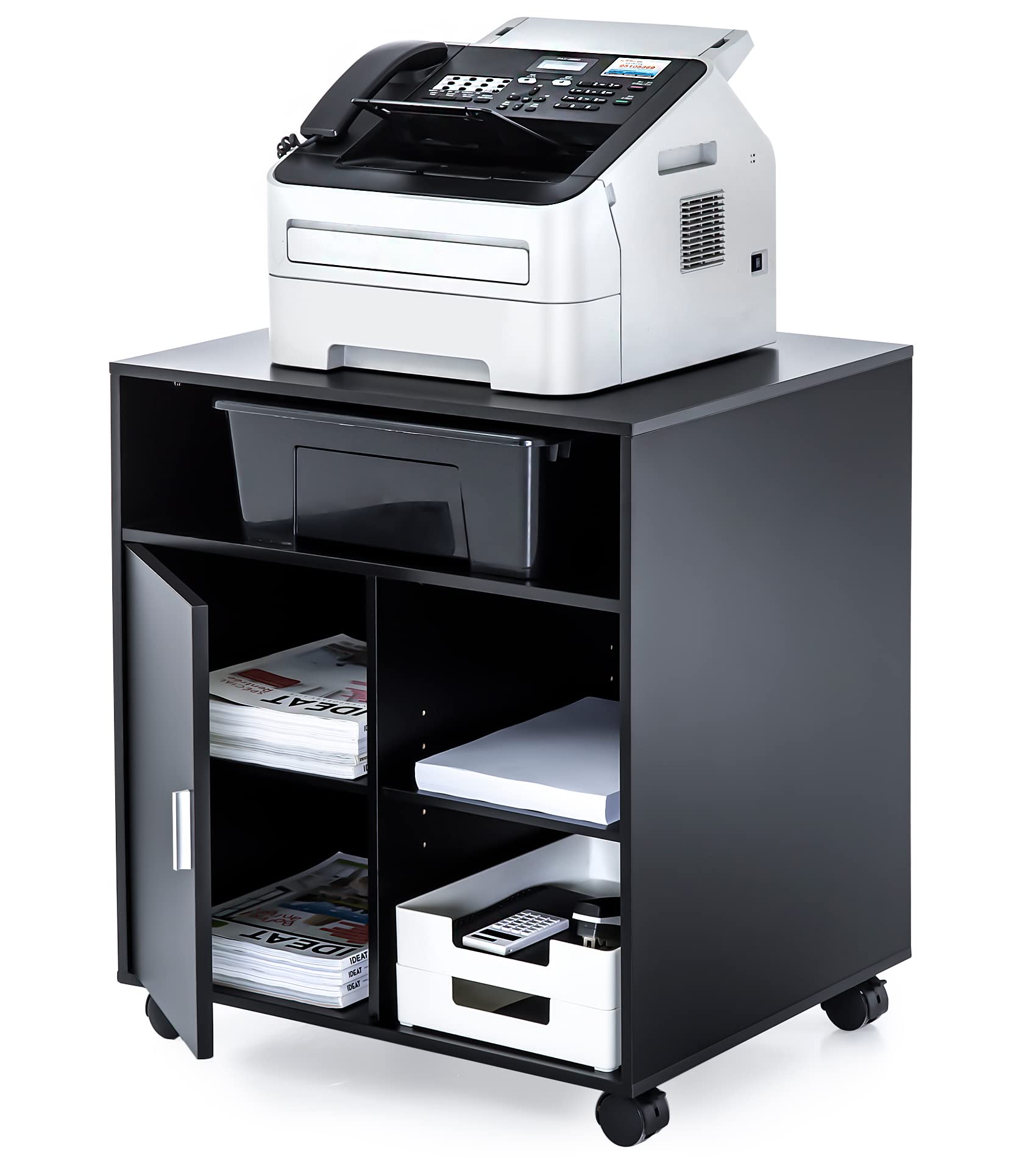 Fitueyes Printer Stand With Storage Adjustable Shelves, Wood Mobile Cart With Door, Rolling File Cabinet On Wheels For Home Offi
