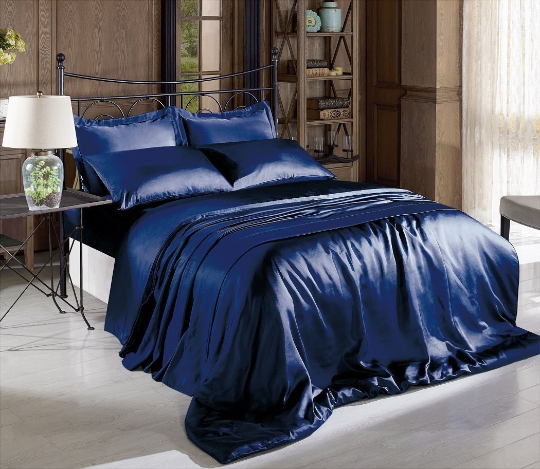 Hight Thread Count Solid Color Soft Silky Charmeuse Satin Luxury And Super Soft Bed Sheet Set (Navy Blue, King)