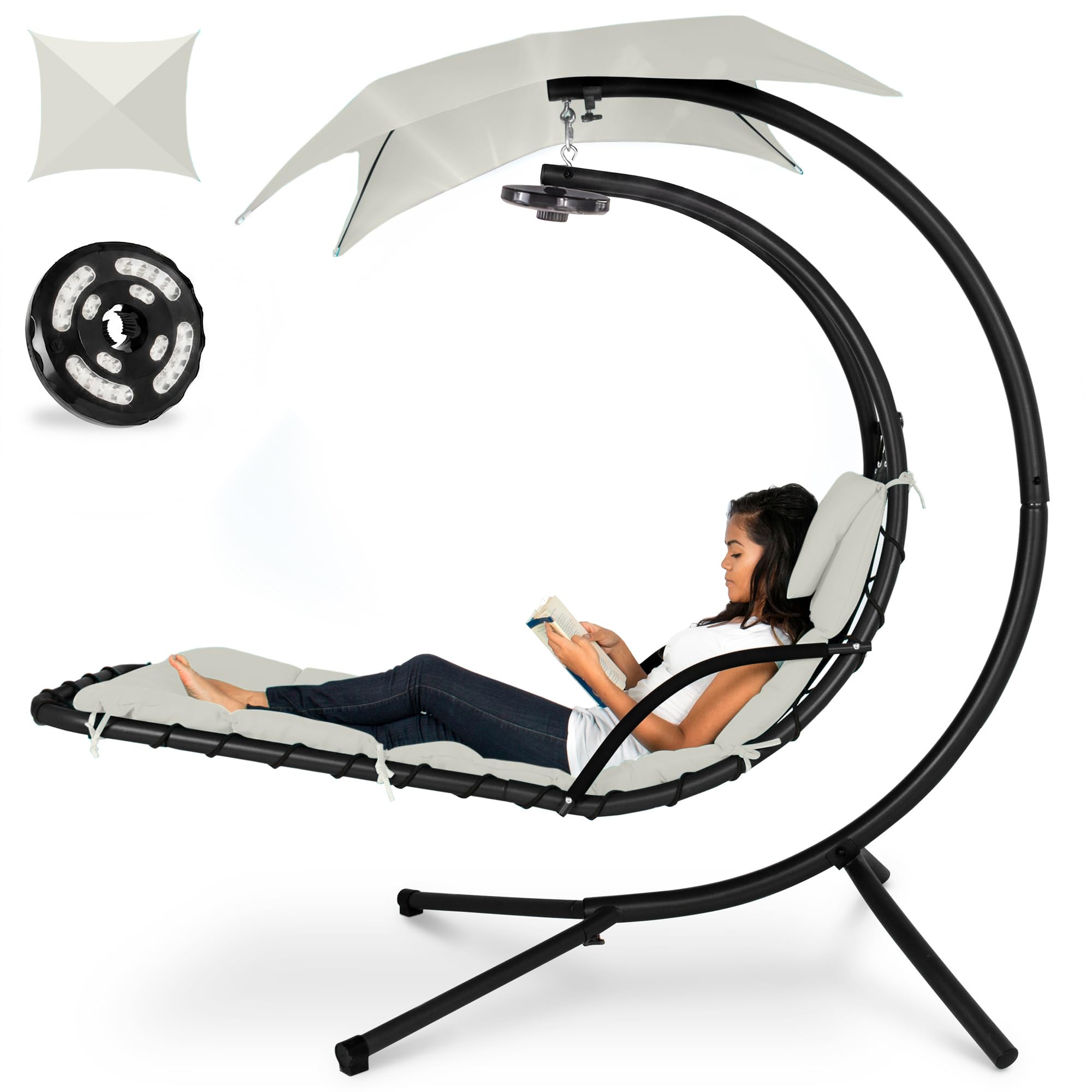 Best Choice Products Hanging LED-Lit Curved Chaise Lounge Chair Swing for Backyard, Patio, Lawn w/ 3 Light Settings, Weather-Res