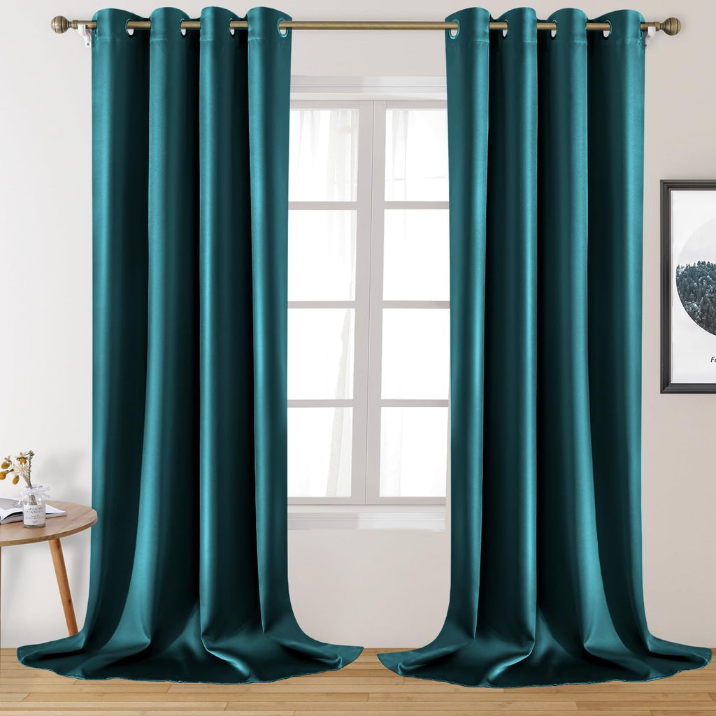 HOMEIDEAS 2 Panels Faux Silk Curtains Teal Blackout Curtains for Bedroom 52 X 108 Inch Room Darkening Satin Drapes/Curtains, The