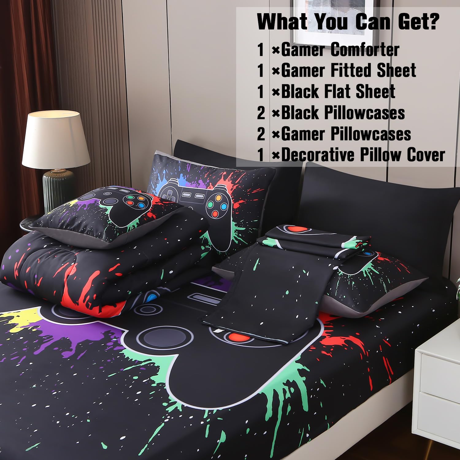 Jqinhome Full Gamer Comforter Sets For Boys,8 Piece Bed In A Bag 3D Video Game Bedding -All Season Microfiber Gamer Bedding Sets