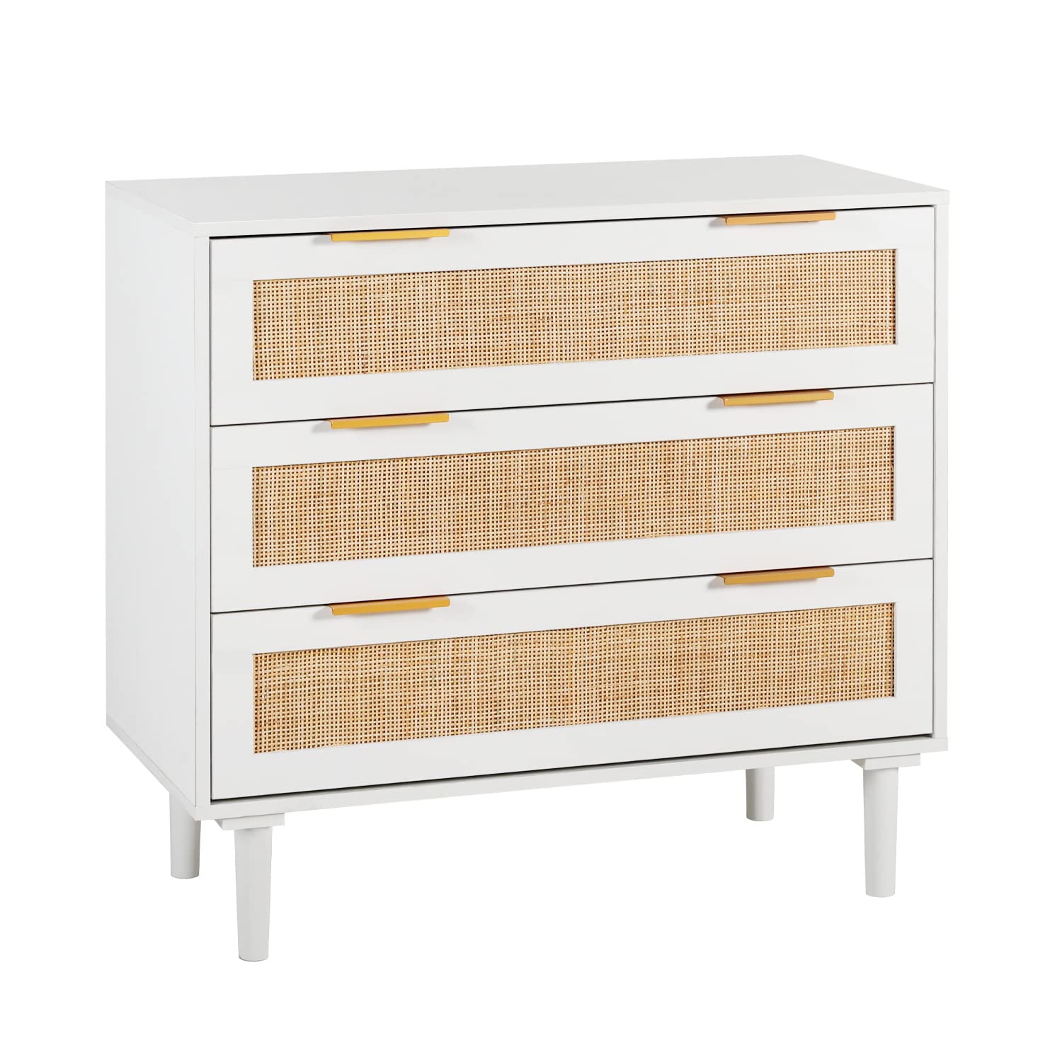HOPUBUY 3 Drawer Dresser for Bedroom, Rattan Dresser Modern Closet Dressers Chest of Drawers, Wood White 3 Drawer Storage Chest 