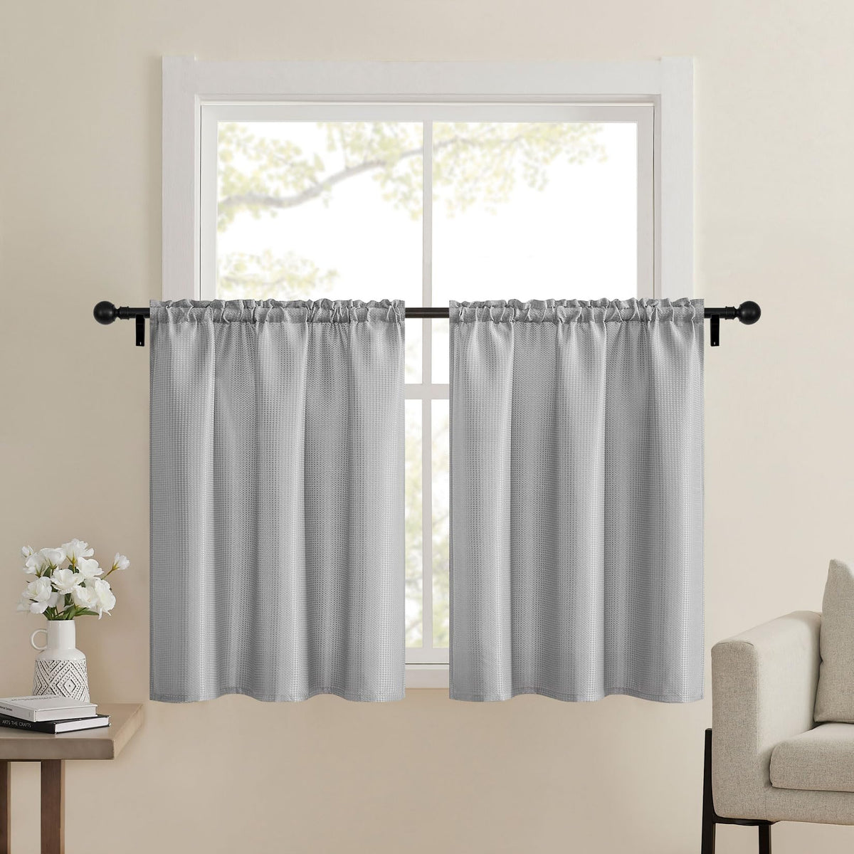 Home Queen Grey Waffle Bathroom Window Curtains, Short Water Repellent Rod Pocket For Small Kitchen Window, 24 W X 45 L Inch Eac