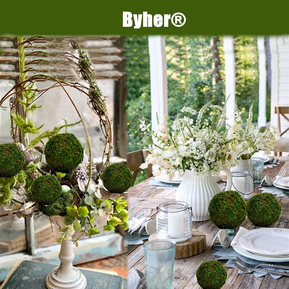 Byher Natural Green Moss Decorative Ball,Handmade (3.5''-Set Of 6)