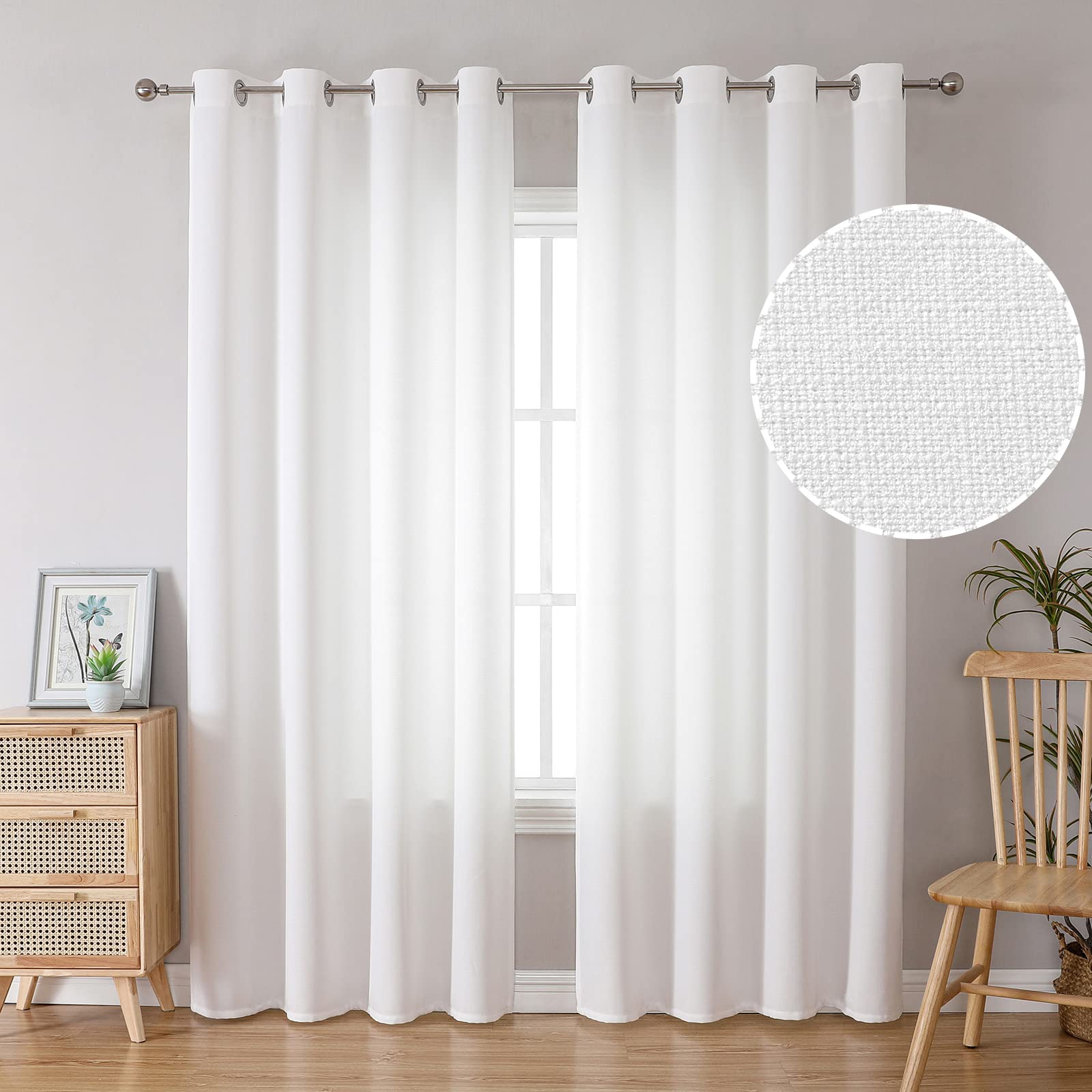 Bgment Natural Faux Linen Curtains For Bedroom, Grommet Thick Linen Semi Sheer Drapes Light Filtering Privacy Window Treatments Curtains For Living Room, Set Of 2 Panels, 52 X 84 Inch, White