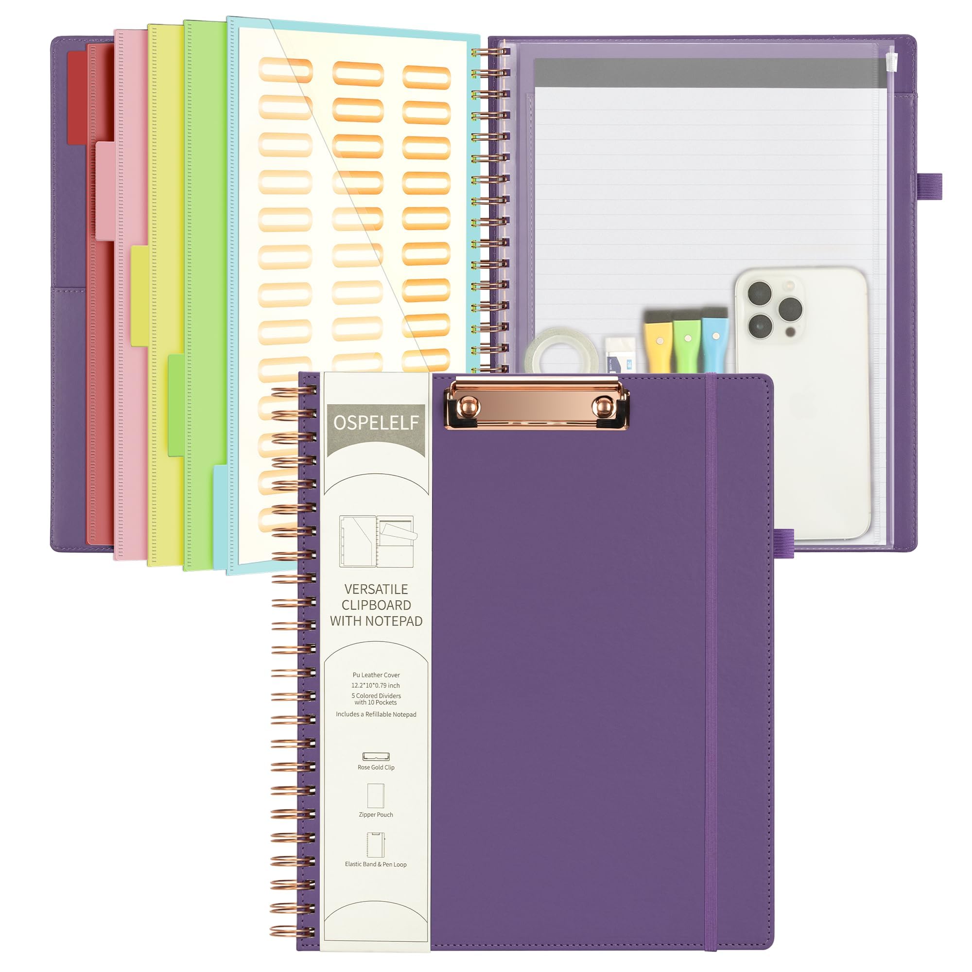 Ospelelf Leather Spiral Clipboard Folder With Storage Zipper Pouch, Foldable Clipboard Folio With Notepad For Letter Size, 5 Fol