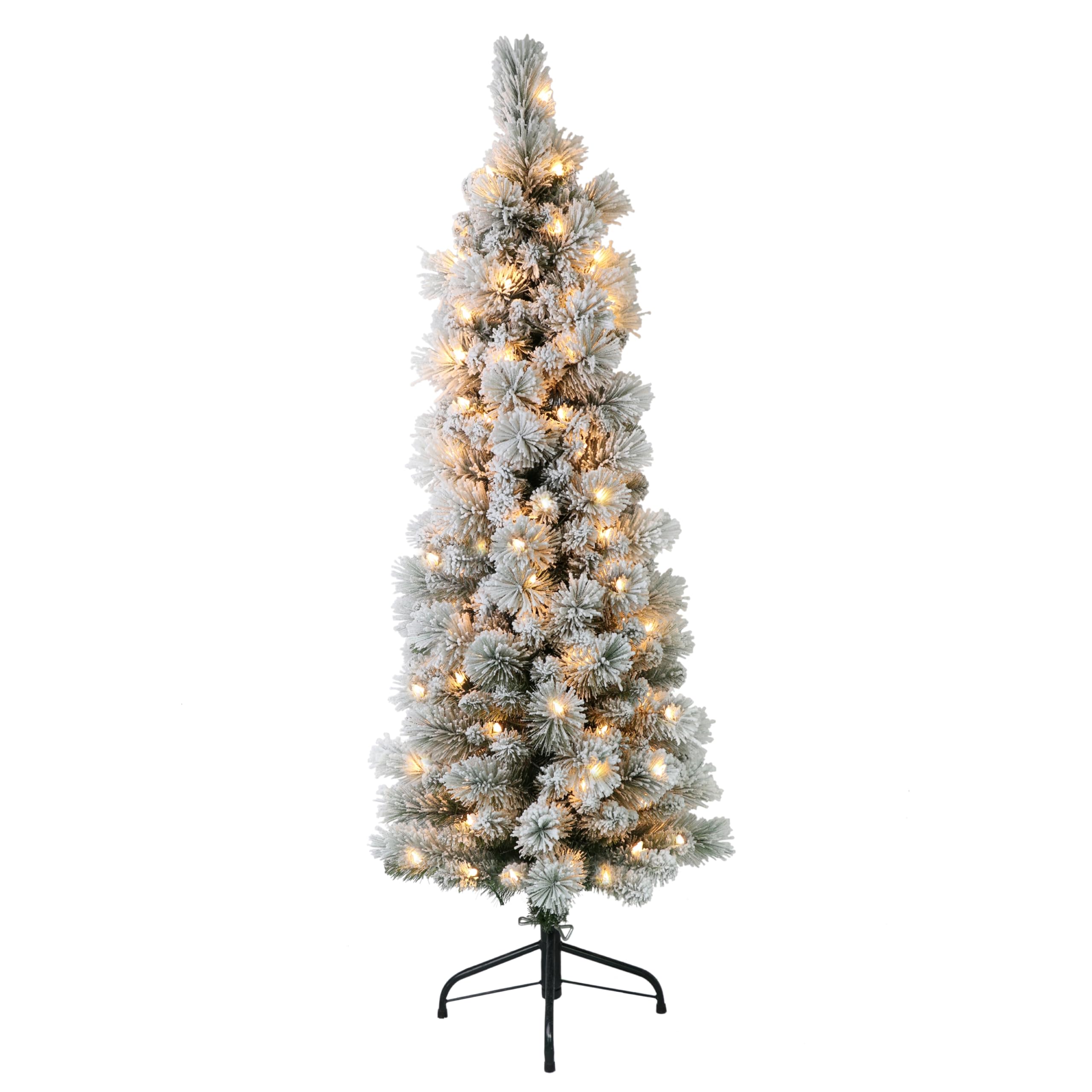 Puleo International 4.5 Foot Pre-Lit Flocked Portland Pine Pencil Artificial Christmas Tree with 100 UL Listed Clear Lights